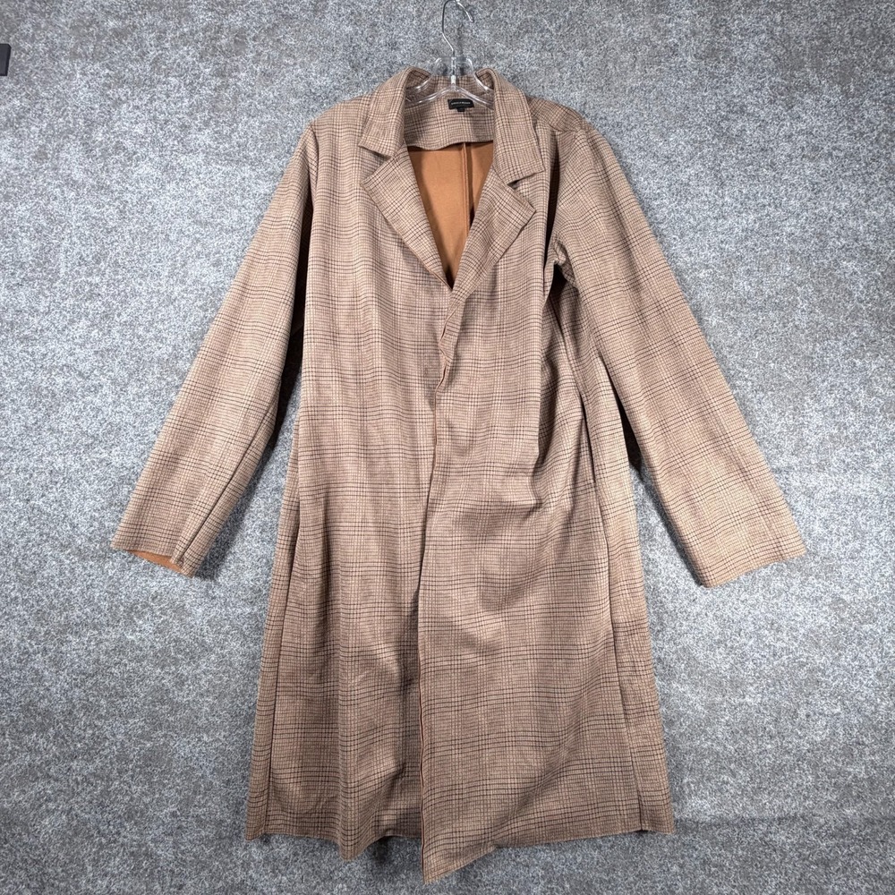 Black Buckle Trench Blazer Jacket Womens L Long Brown Plaid Open Front Classic
